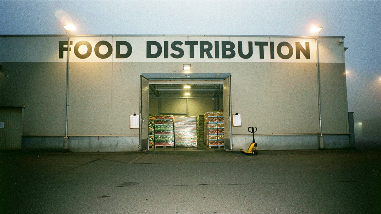 A 1991 photograph of a food distribution business, its sign across the front and nobody in the picture — the poster for the Mr. Wilson film.